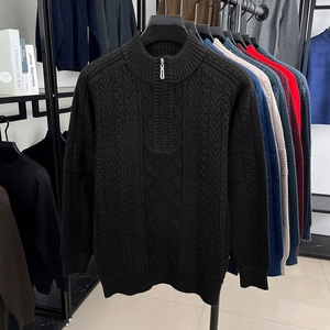 Detail of black cable-knit sweater featuring a metal half-zip stand collar and thick texture