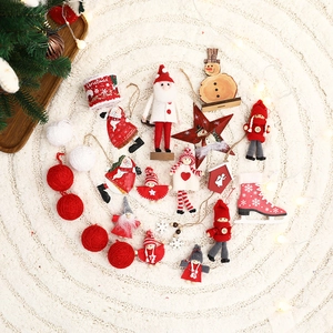 Christmas tree ornaments set featuring red felt Santa, snowmen and knitted dolls