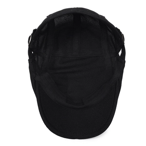 Men's breathable black mesh flat cap with adjustable metal buckle and interior sweatband