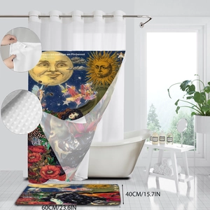 Close-up of peacock green shower curtain and matching non-slip bath mat with sun moon art