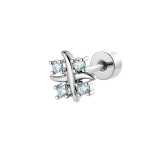 Silver cross star piercing jewelry with four light blue gemstones on white background