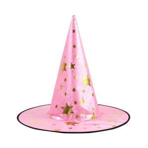 Chapeau de sorcière rose avec motifs étoiles dorées et bord noir pour Halloween