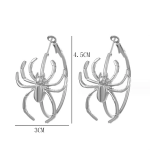 Detailed size view of silver gothic spider hoop earrings measuring 4.5cm by 3cm