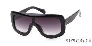 Detail of pilot sunglasses showing bright black frame with purple gradient lenses