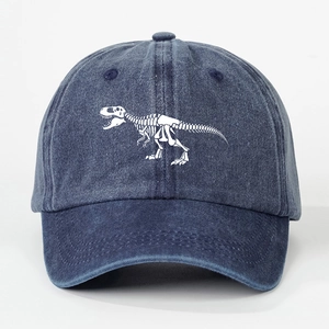 Vintage washed navy baseball cap featuring a white dinosaur skeleton print and adjustable strap