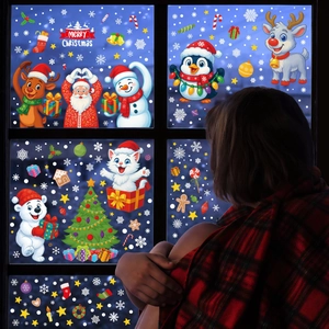 Christmas window static stickers featuring Santa, snowman, and reindeer decorations