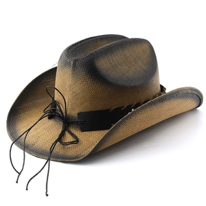 Vintage western straw cowboy hat with brown gradient finish and black woven strap detail