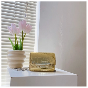 Detail of a mini gold crossbody bag with crocodile texture and silver chain strap
