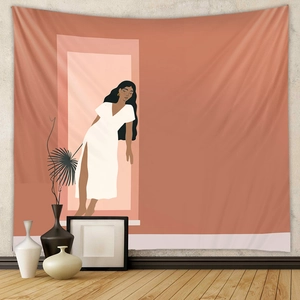 Artistic Bohemian wall tapestry featuring a modern woman illustration in a home setting