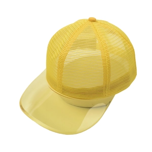 Detail of bright yellow mesh baseball cap featuring a unique transparent PVC brim design