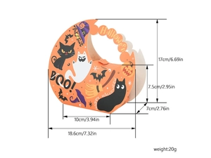Detailed dimension guide of Halloween orange moon handle paper box with ghost patterns