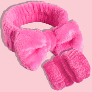 Pink plush headband and wristband set for washing face made of soft coral fleece