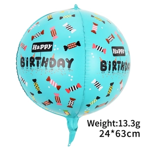 Detail of 22 inch blue sphere birthday balloon with Happy Birthday print and candy patterns