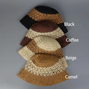 Handmade crochet bucket hats in black, coffee, beige, and camel with floral hollow patterns