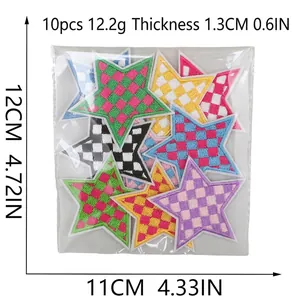 Set of 10 colorful checkerboard star embroidery patches for clothing decoration