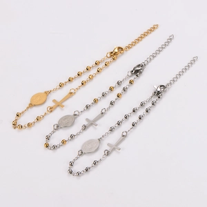 Retro Hip Hop Stainless Steel Cross Saint Medal Pendant Bead Chain Bracelet For Men Women Religious Jewelry
