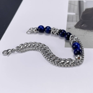 Double-layer stainless steel bracelet featuring Cuban chain and blue tiger eye beads