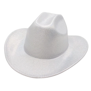 Glittery silver jazz fedora cowboy hat with shimmering metallic texture for parties