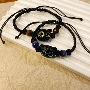 Cute Black Cat Head Handwoven Rope Bracelet With Tiger Eye Stone Beads Adjustable Versatile Fashion Jewelry Gift For Women Girls