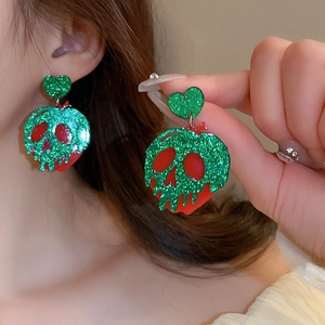 Handcrafted acrylic poison apple earrings with glitter finish for Halloween style