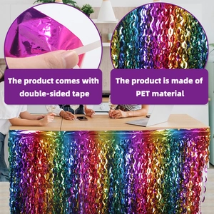 Rainbow gradient foil fringe table skirt made of PET material with double-sided adhesive