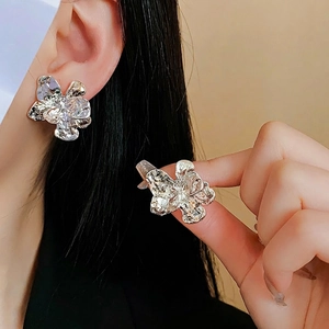 Silver metallic flower earrings with unique textured crinkle petals for women