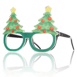 Détail de la monture de lunettes sapin de Noël avec boules rouges et étoiles jaunes