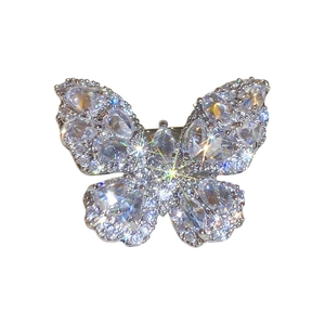 Elegant silver butterfly brooch with teardrop zircon crystals for formal dress