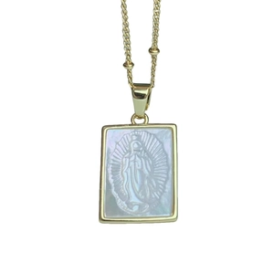 Gold Guadalupe necklace with white mother of pearl square pendant and beaded chain for women
