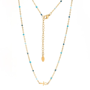 Detail of Ankh cross pendant on gold stainless steel chain with blue beaded accents