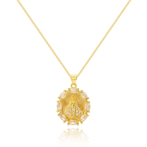 Detailed macro view of 18K gold plated Virgin Mary pendant with sparkling zircon inlay