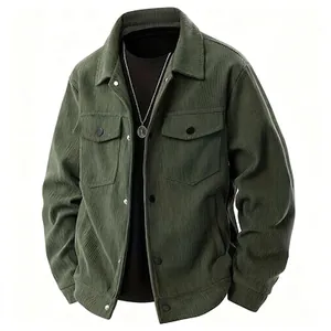 Men's olive corduroy utility jacket with silver buttons and chest pockets