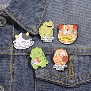 5Pcs set of cartoon animal enamel pins with puns for jackets and backpacks