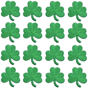 16-piece St. Patrick's Day green clover embroidered iron-on patches in 4x4 matrix layout