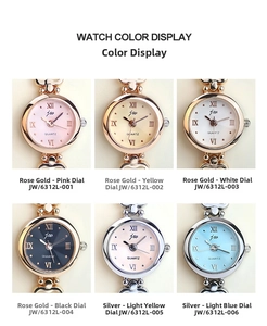 Detail view of stylish small quartz watches with metal link straps in six colors