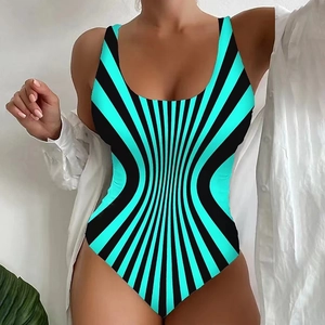 Detail of teal and black vertical striped one-piece swimsuit with high-cut design
