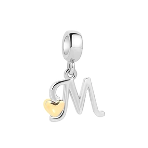S925 sterling silver M letter pendant with golden heart accent on white background