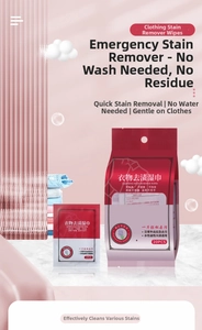 Detail of lavender scented stain remover wipes in portable individual and 20-piece packs
