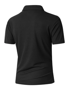 Rear view of black short-sleeve polo shirt showing pique mesh fabric texture and cut
