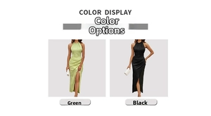 Detail view of the elegant halter dress showing side slit in green and black colors