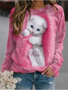Sweat à col rond rose avec imprimé chat blanc 3D réaliste et manches longues