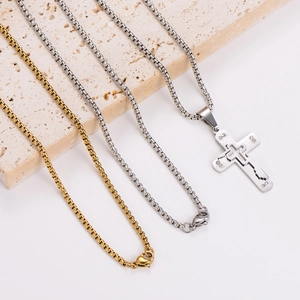Minimalist punk style double layered stainless steel box chains with a cross pendant