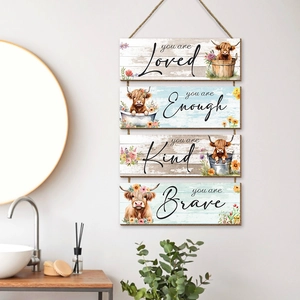 Highland cow rustic wooden wall decor with motivational quotes for home bathroom