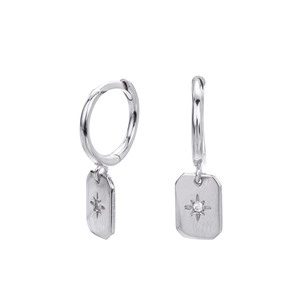 S925 sterling silver hoop earrings with starburst pendant and zircon inlay on white backdrop