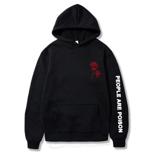 Black hoodie with red rose print and People Are Poison text on sleeves, flat lay view