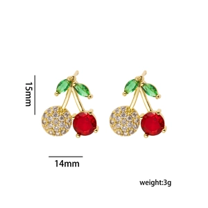 Elegante goldene Kirschohrringe mit roten und grünen Edelsteinen, Größe 15mm x 14mm