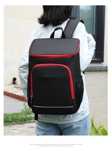 Outdoor insulated cooler backpack with red zippers and safety reflective strip