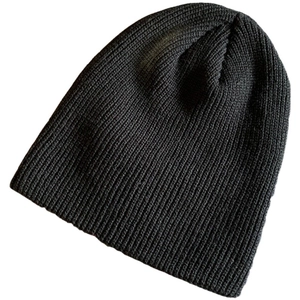 Classic black knitted beanie hat with thick warm wool texture for autumn and winter style