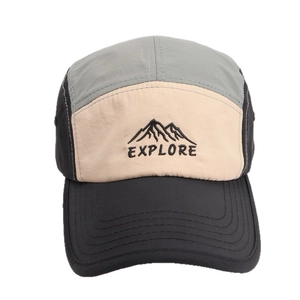 Three-tone color block five-panel baseball cap with mountain embroidery and Explore text