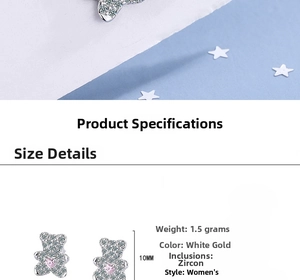 Detail of 10mm bear stud earring with pink heart gemstone and pavé cubic zirconia